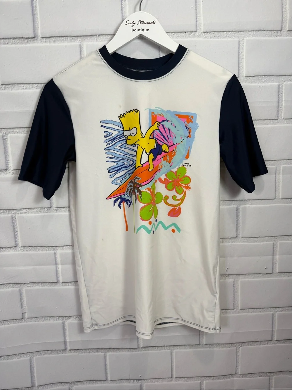 Old Navy Boys XXL Bart Simpson Graphic Surf T-Shirt White Navy Short Sleeve